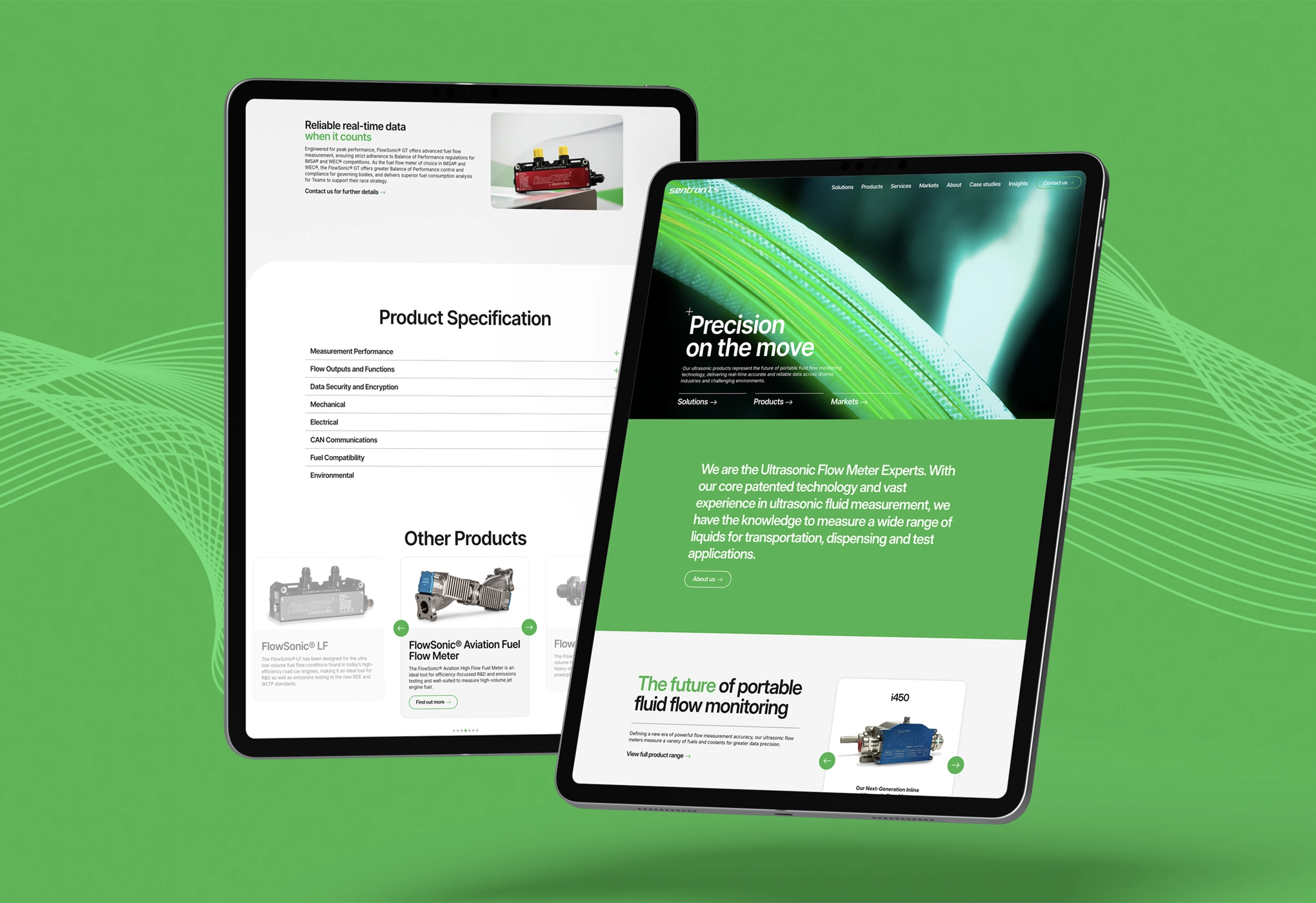 Close-up view of the Sentronics website design created by Above Digital displayed on screen.