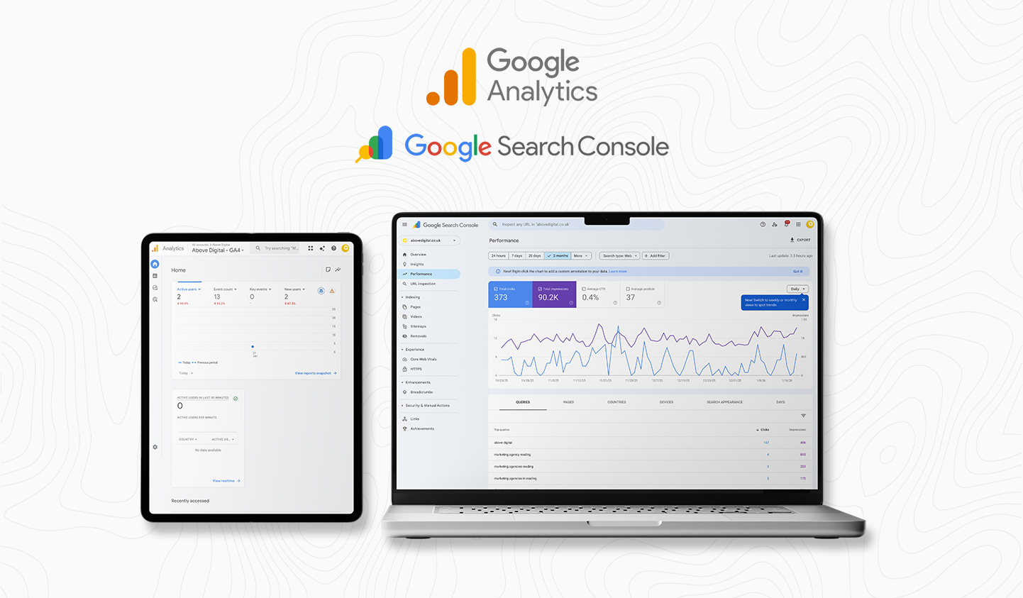 A laptop and tablet displaying Google Analytics and Google Search Console performance dashboards with growth charts.