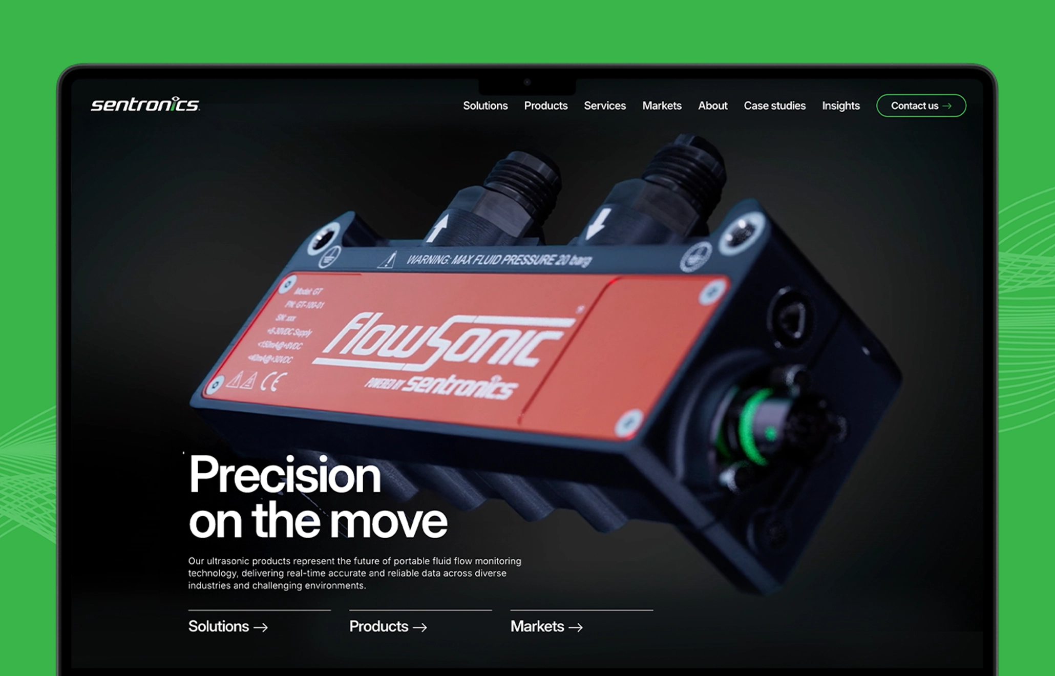 Close-up view of the Sentronics website design created by Above Digital displayed on screen.